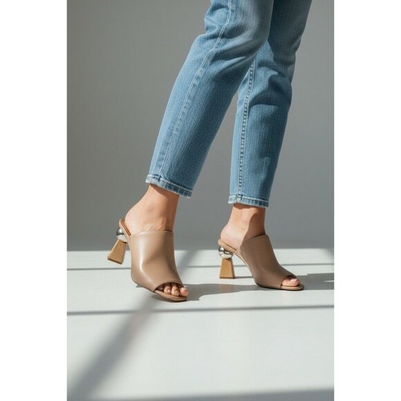 Alfani Step N Flex Nude Leather Mules 8M Geometric Sphere Block Heel Slip On - Picture 5 of 6